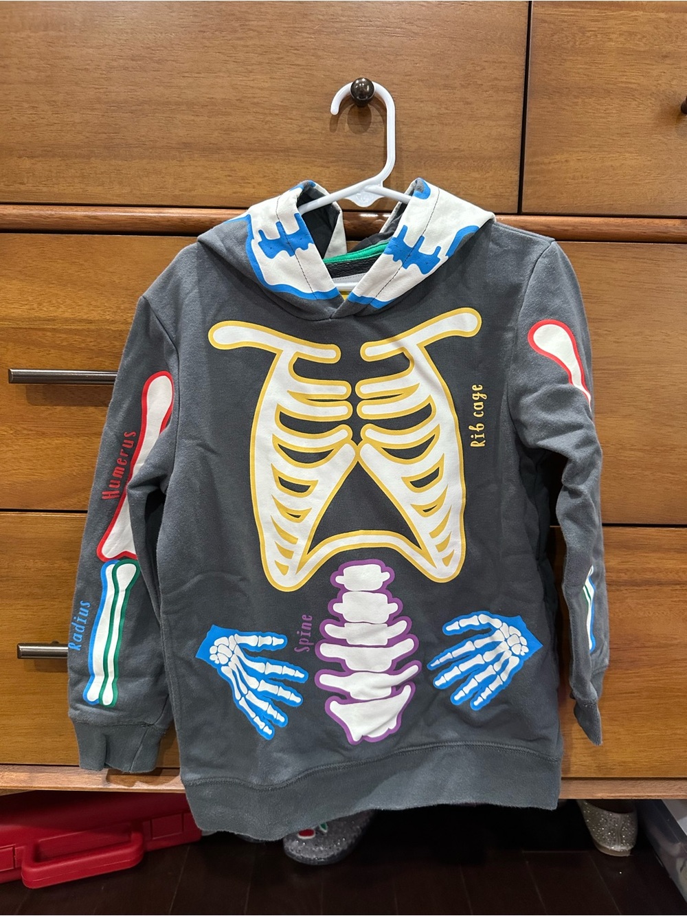 Boden Gray Hoodie with Blue, Yellow and Green Accent Skeleton